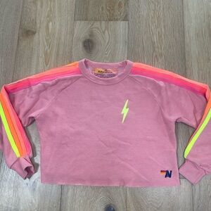 Aviator Nation Pink Lightning Bolt 5 stripe Sweatshirt crop Womens XS
